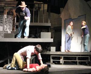 Chadron State actors rehearse the fight scene from the Rimers of Eldritch. They are, clockwise from left, Crystal Ekberg, Elisabeth Saunders, Dan Giffee, Mark Griffith and Brittany Halladay.